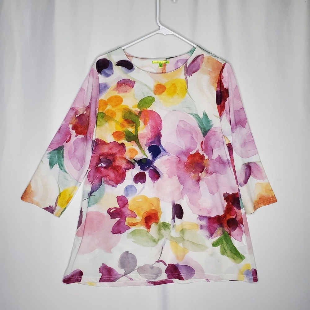 Trisha Tyler‎ Top Women Medium Artsy Rainbow Colorful Floral Stretch 3/4 Sleeve